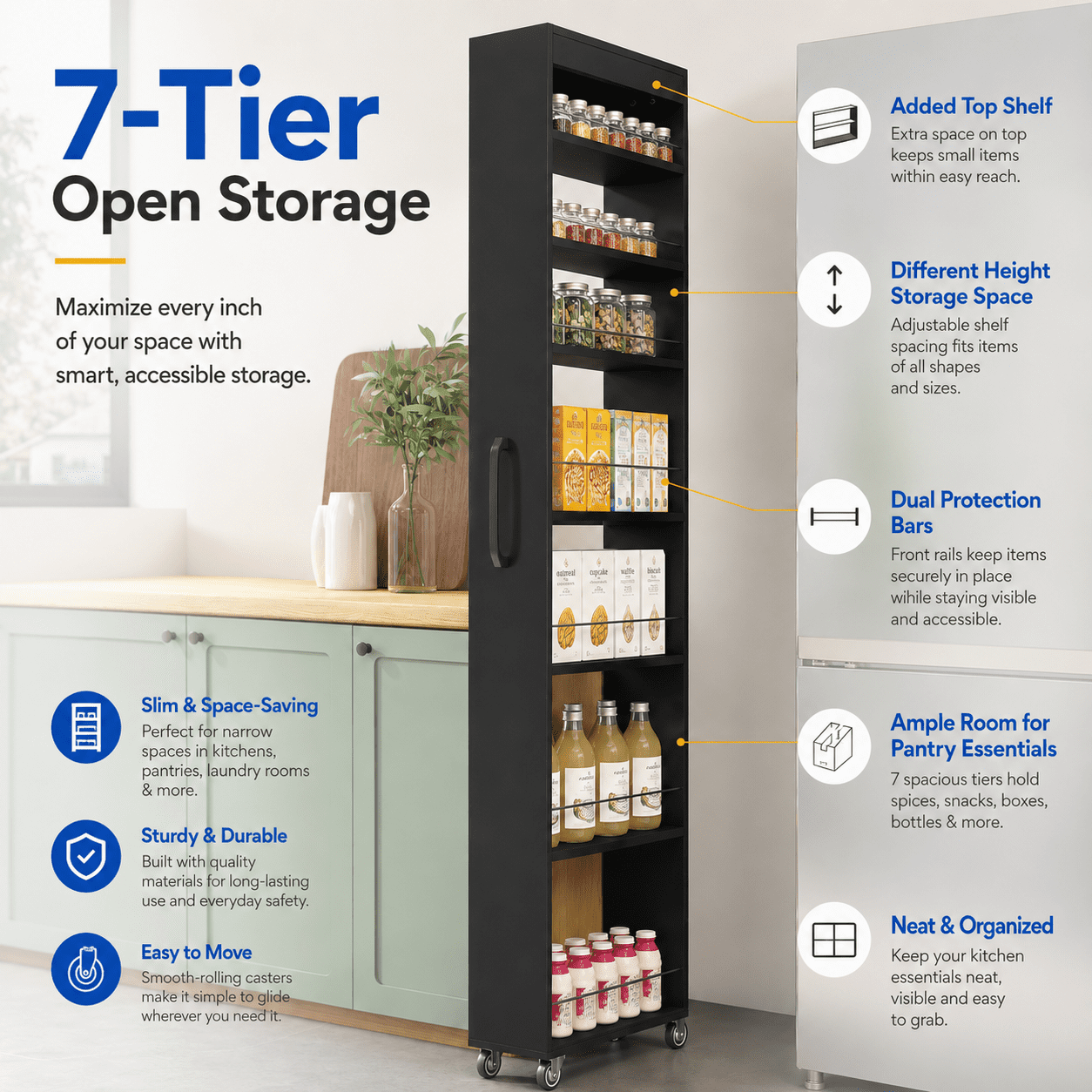 Aukfa 7-Tier Slim Rolling Pantry Cabinet, 70.7" Narrow Pull-Out Kitchen Storage Cart with Handle and Casters,Black