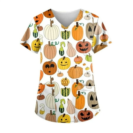 

Gallickan Holiday Scrubs Tops for Women Womens Fashion Short Sleeve V-Neck Tops Working Uniform Printing Pocket Blouse Tops Clearence Promotion!