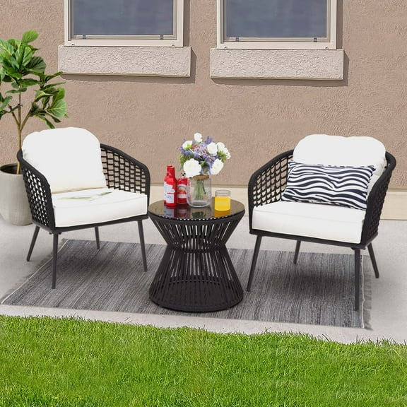 Nuu Garden Outdoor 3-Piece Patio Bistro Set, 1 Coffee Table and 2 Single Bistro Chairs with White Cushions for Garden Yard Lawn Balcony, Black