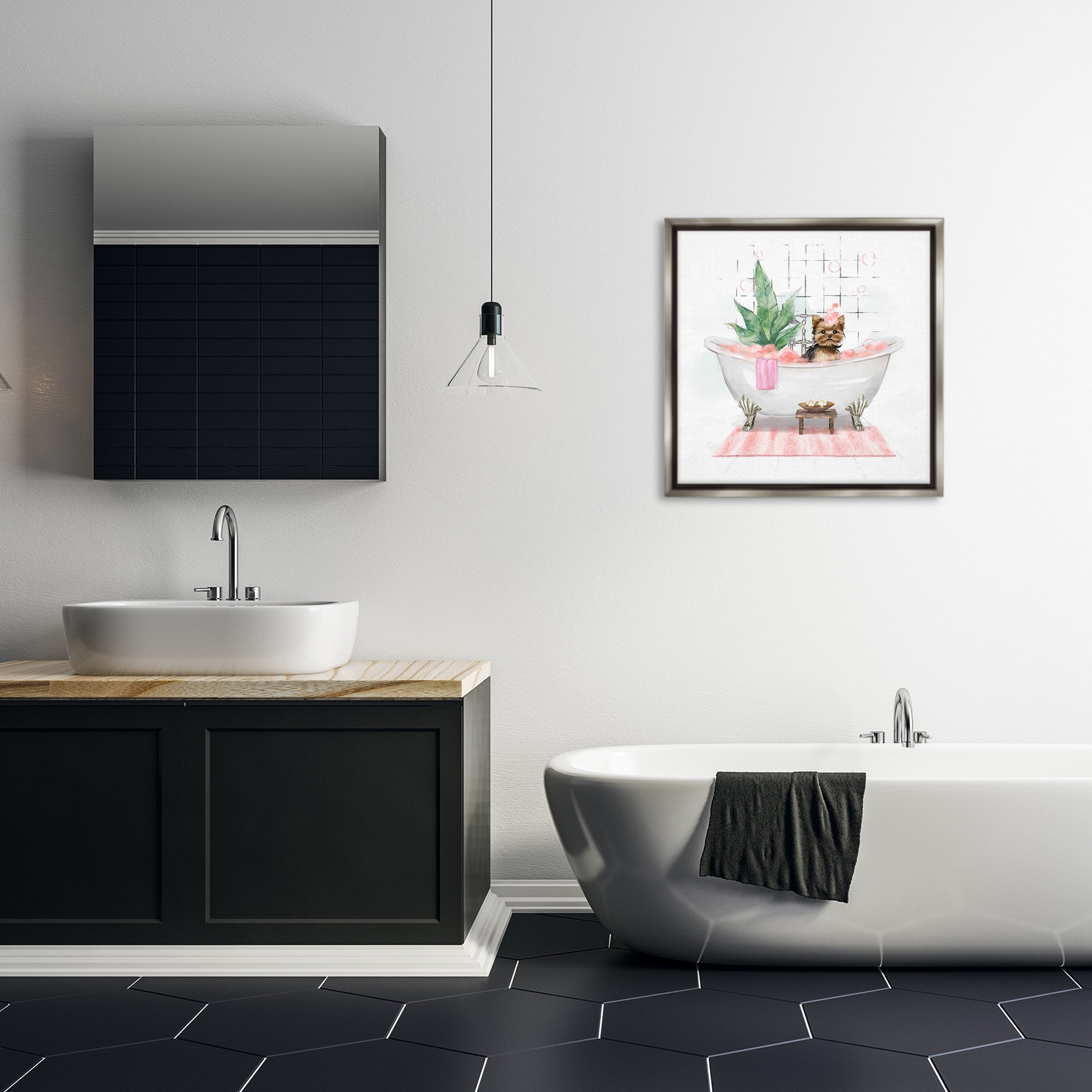 Stupell Industries Chic Yorkie Dog in Bubble Bath Animals & Insects Painting Gray Floater Framed Canvas Art Print Wall Art, 25 x 25