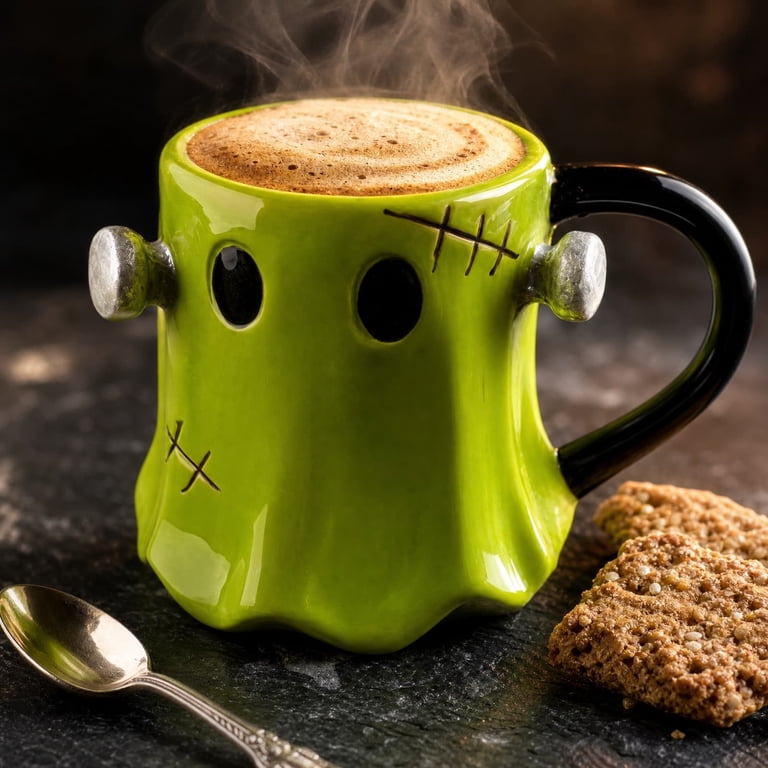 3D Frankenstein Ghost Ceramic Coffee Mug, Stitched Green Monster