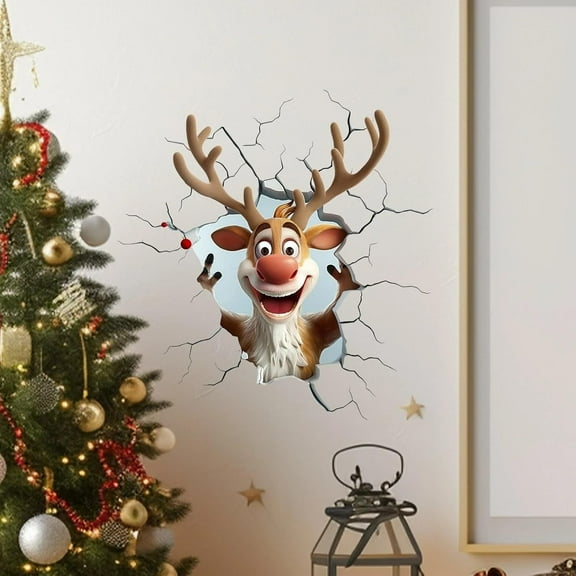 3D Christmas Santa Wall Stickers Creative Santa Claus Wall Decals Large Reindeer Snowman Penguin Window Refrigerator Stickers Decor Christmas Door Stickers for Xmas Home Party Ornament (Reindeer)