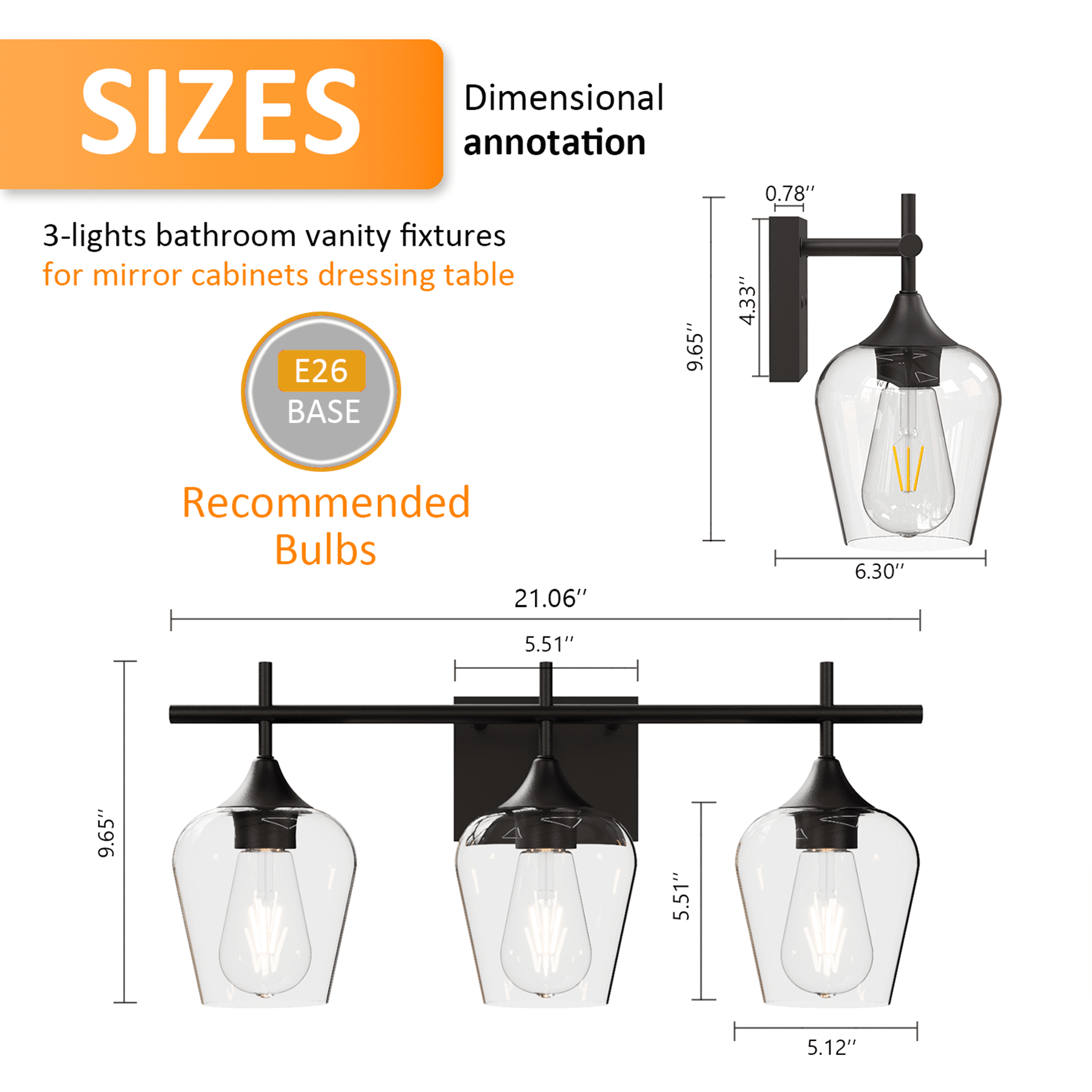 Homechoose 3-Light Bathroom Light Fixtures, Black Modern Vanity Lights with Clear Glass Shade, Bathroom Wall Lamp for Mirror Kitchen Living Room Hallway Cabinet Porch