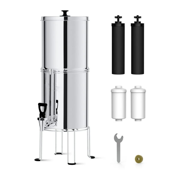 2.9G Gravity-fed Water Filter System, Stainless-Steel System with 4 Filters, Metal Water Level Spigot and Stand, NSF/ANSI 42&372 Standard, Reduces Chlorine-King Tank for Emergencies