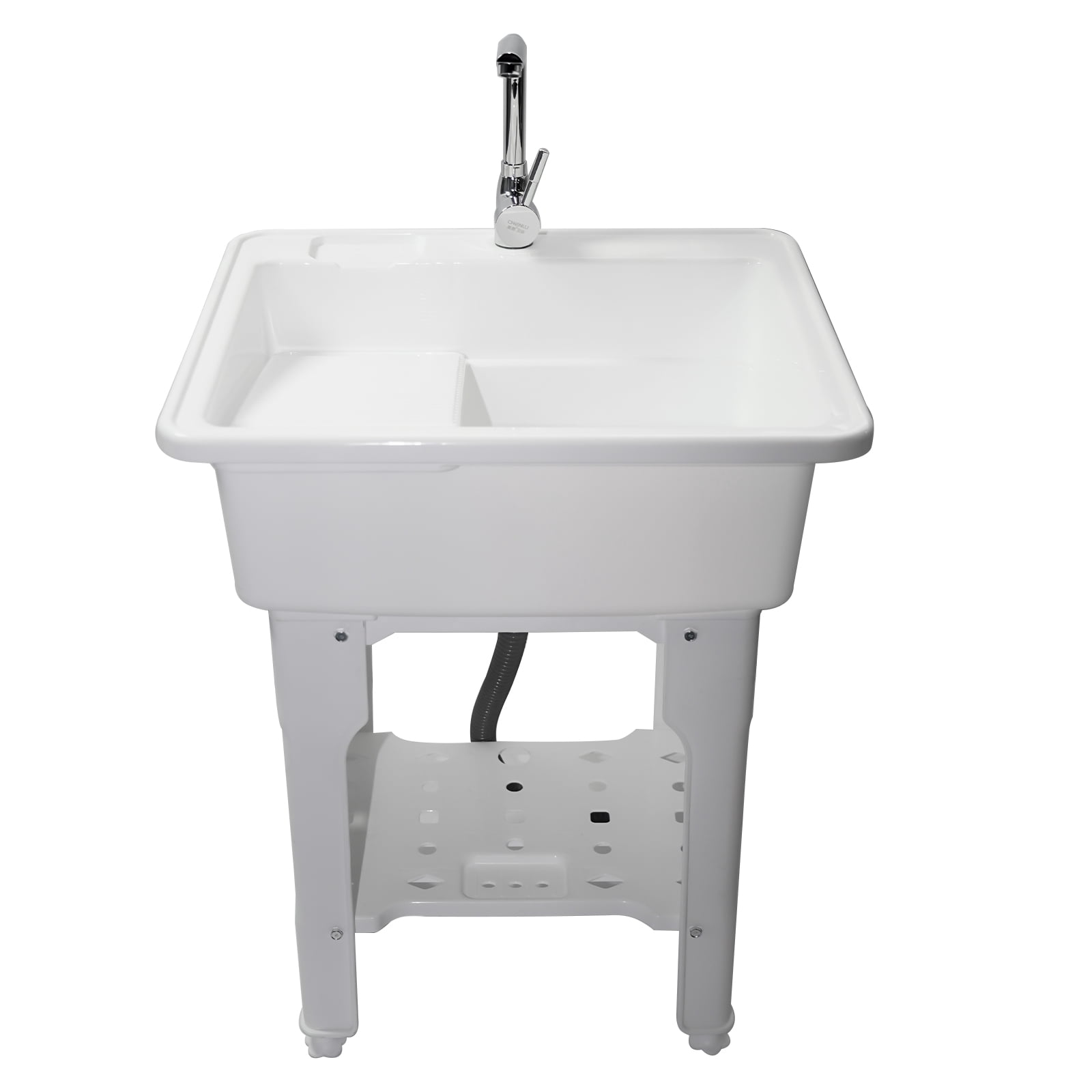 Freestanding Plastic Utility Sink Laundry Tub outdoor sink Drop in Deep sink kit with Inlet and Drain Pipe with Hot&Cold Faucet,Basement for Laundry Room&Garage or Shop,Size:31.5*22.05*31.5in(white)