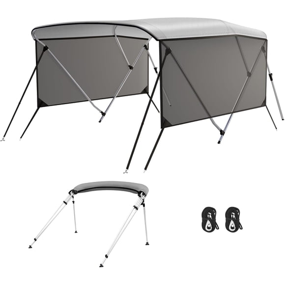 Yiwa Boat Bimini Top Canopy, 3 Bow Shade Cover with Mesh Sides, Rear Support Poles & 1" Aluminum Frame