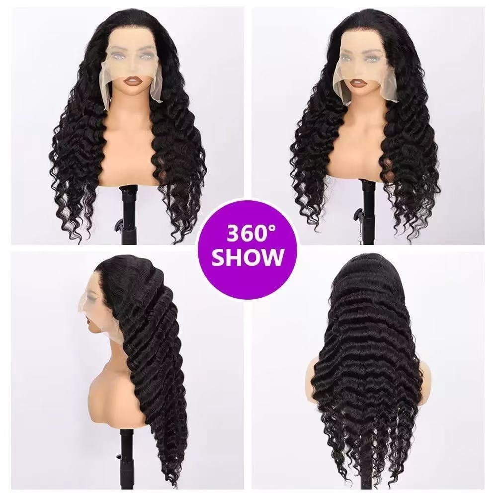 LEMENTINE 13x4 Full Frontal Lace Glueless Deep Wave 200% High-Density Pre-Plucked Human Hair Wigs Long Hair from 18inch to 30inch with Natural Color