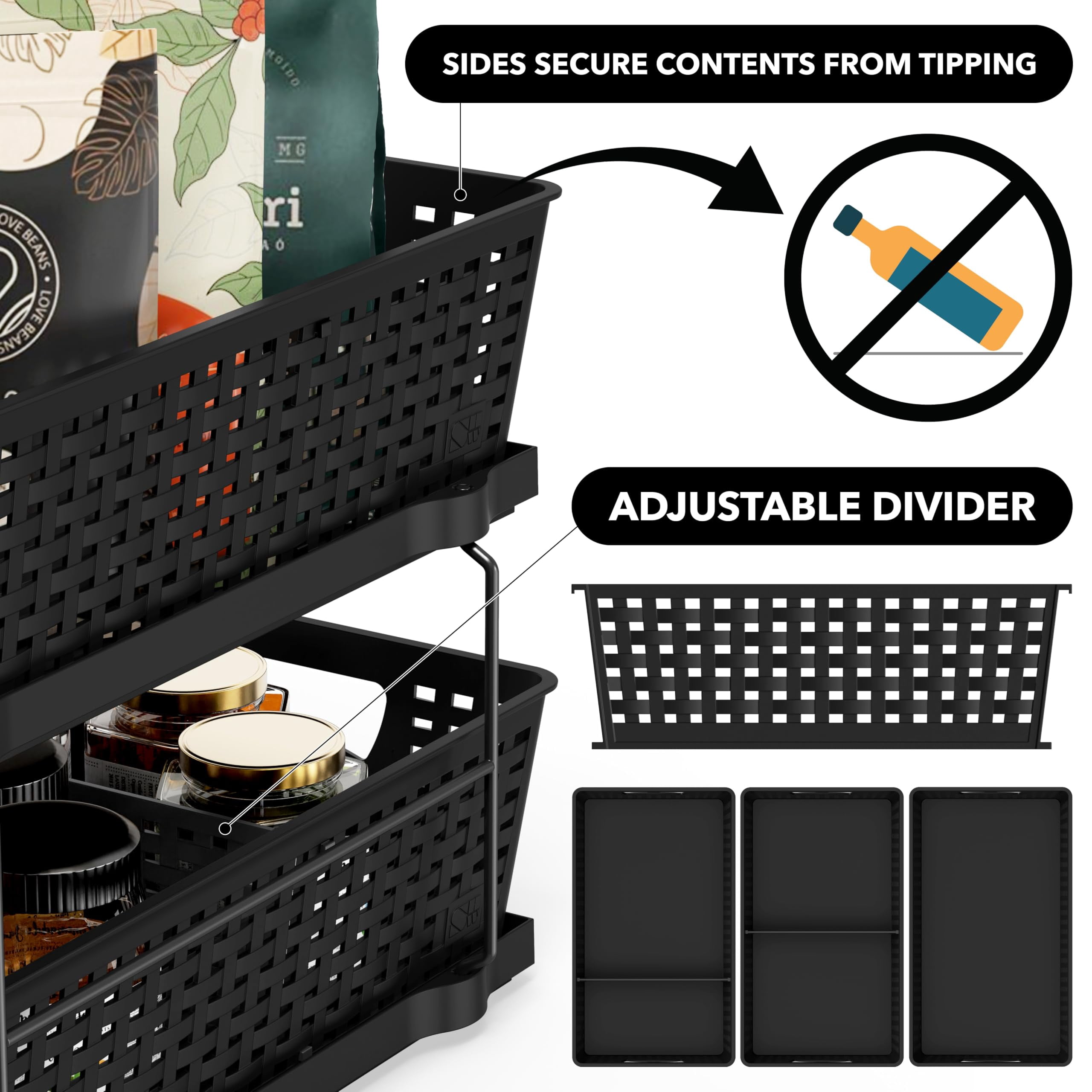2 Tier Bathroom Organizer Tray Pull-out Sliding Drawer  Under Sink Storage Black