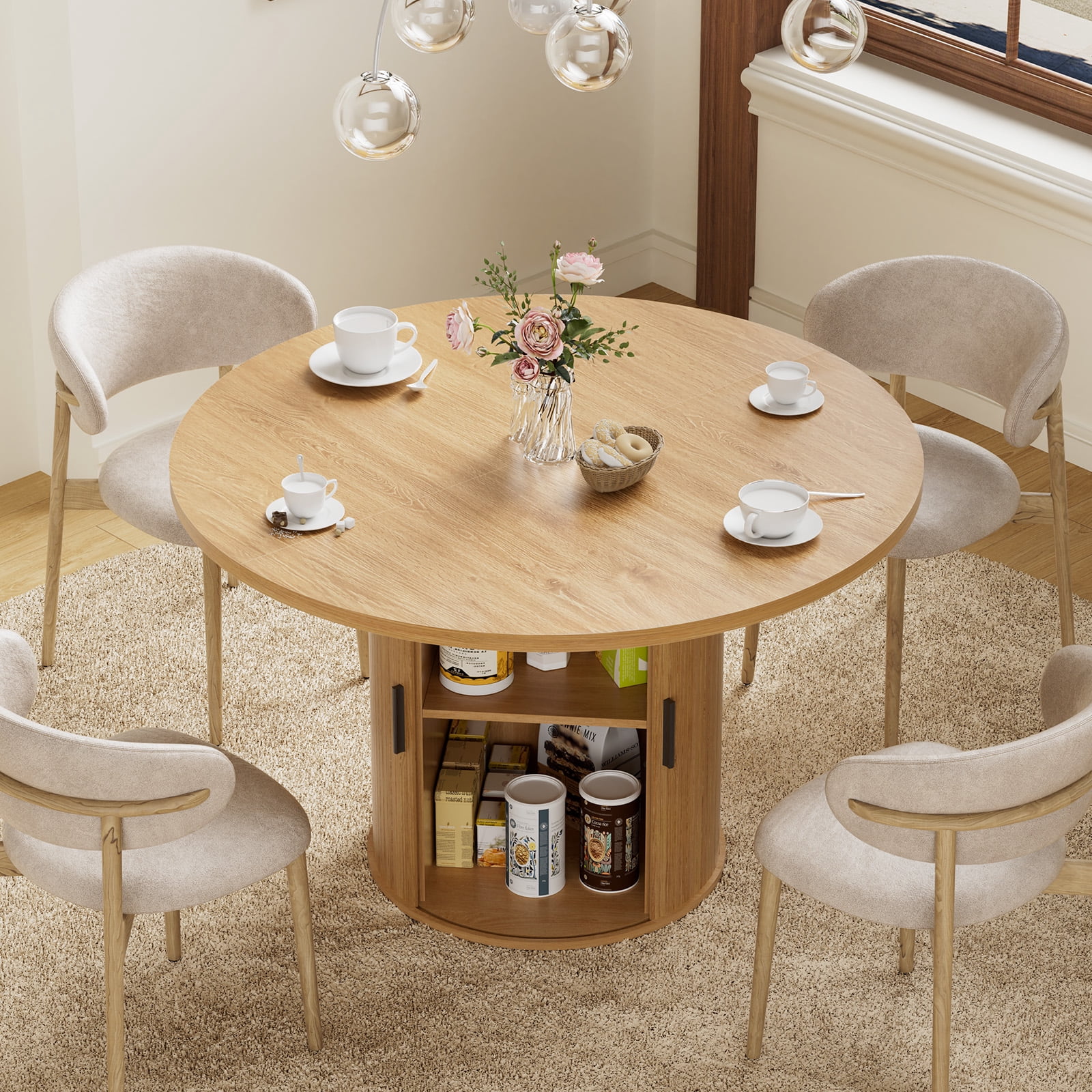 Hommpa 48" Round Dining Table with Storage,Morden Kitchen Table Wood for 4 with 2-Layer Storage Shelves and Wood Slide Door for Kitchen Living Room,Heavy Duty Pedestal Base,Natural