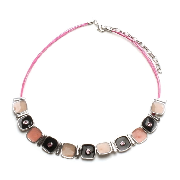 Playful Pink Cord Statement Necklace with Hand-Painted Square Discs and Crystal Accents Jewelry Necklace Silver