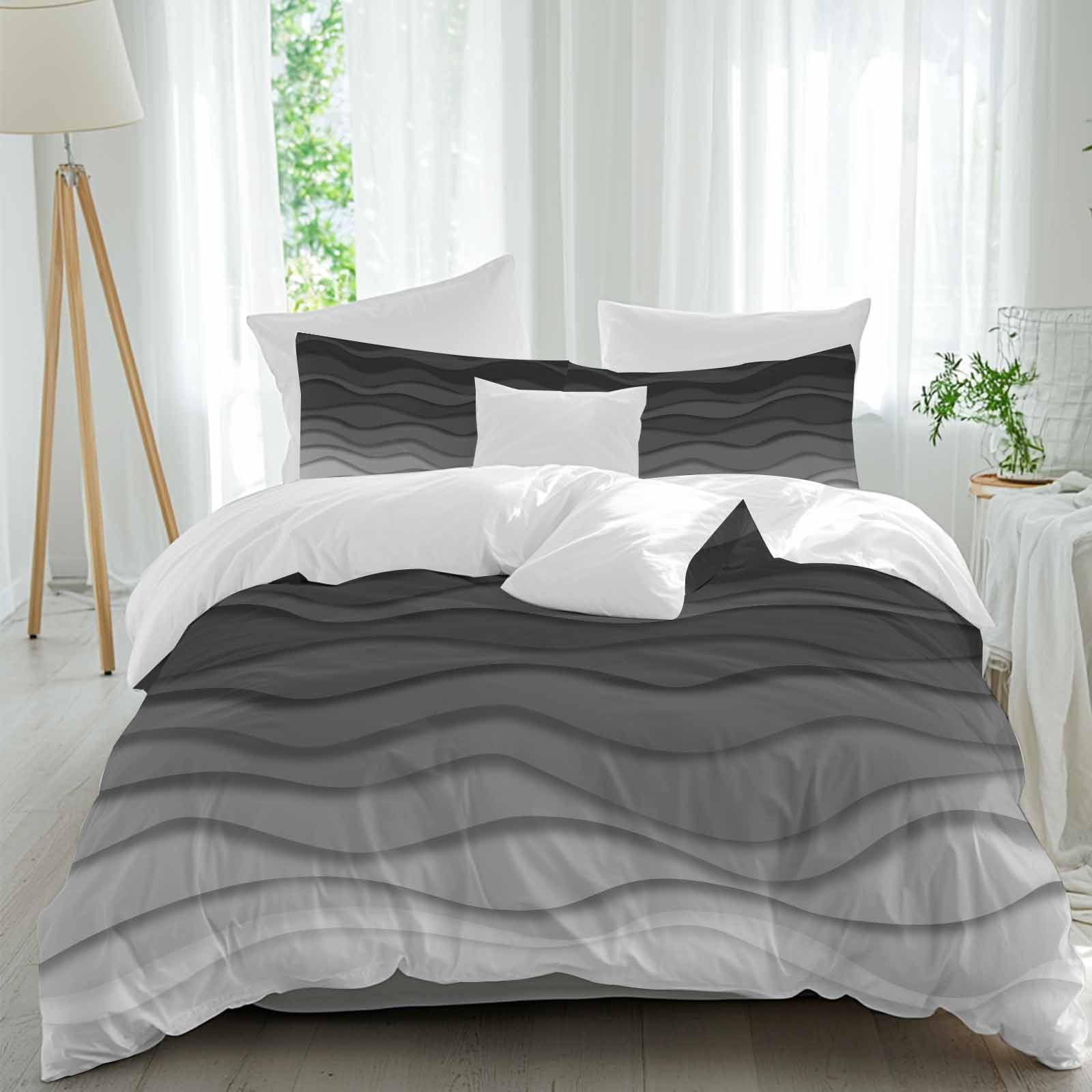 Black Ombre Stripes Bedding 3 Piece Duvet Cover Set Full Size, Modern Abstract Sea Waves Spray Art Soft Microfiber Comforter Cover with Zipper Closure & Pillowcases, FadeResistant Quilt Cover