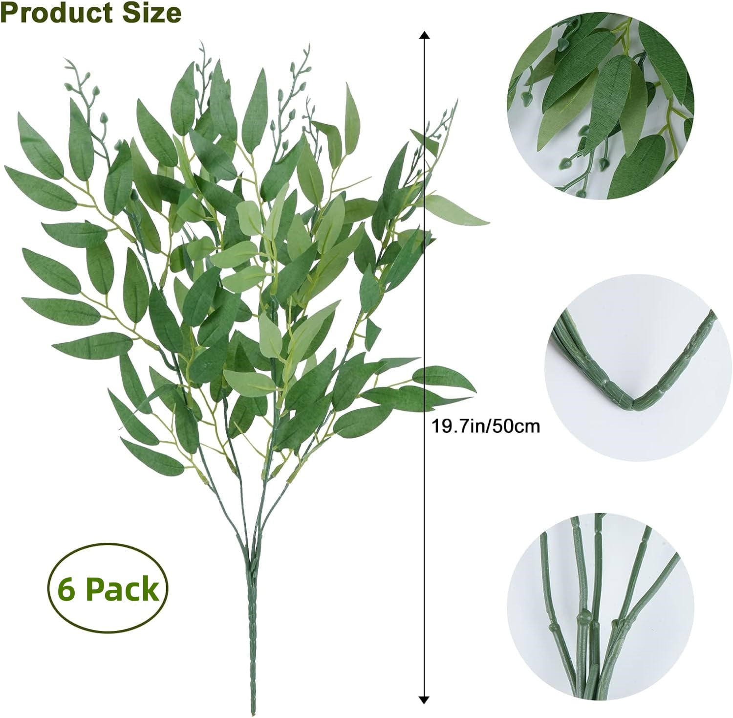 6 Pcs 22'' Artificial Greenery Branches Stems Fake Green Leaf Willow Leaves Artificial Plants for Vase Home Party,Wedding Party Table Centerpiece Decoration