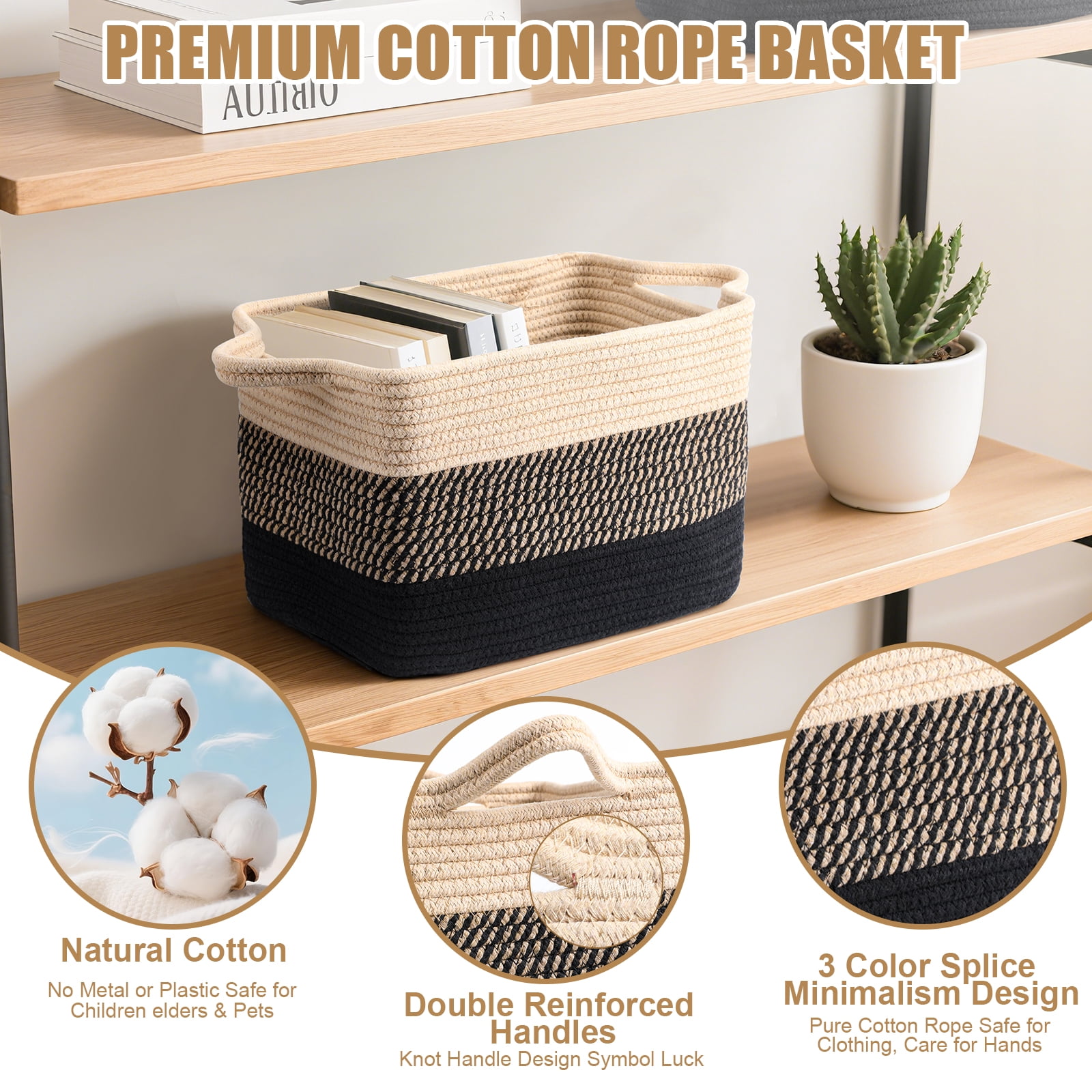 LIZEVINC Cotton Rope Storage Basket with Handles, Rectangle Woven Blanket Basket for Living Room, Bedroom, Baby Room, Laundry and Toy Organizer, 13.8 x 9 x 8.5 Inch