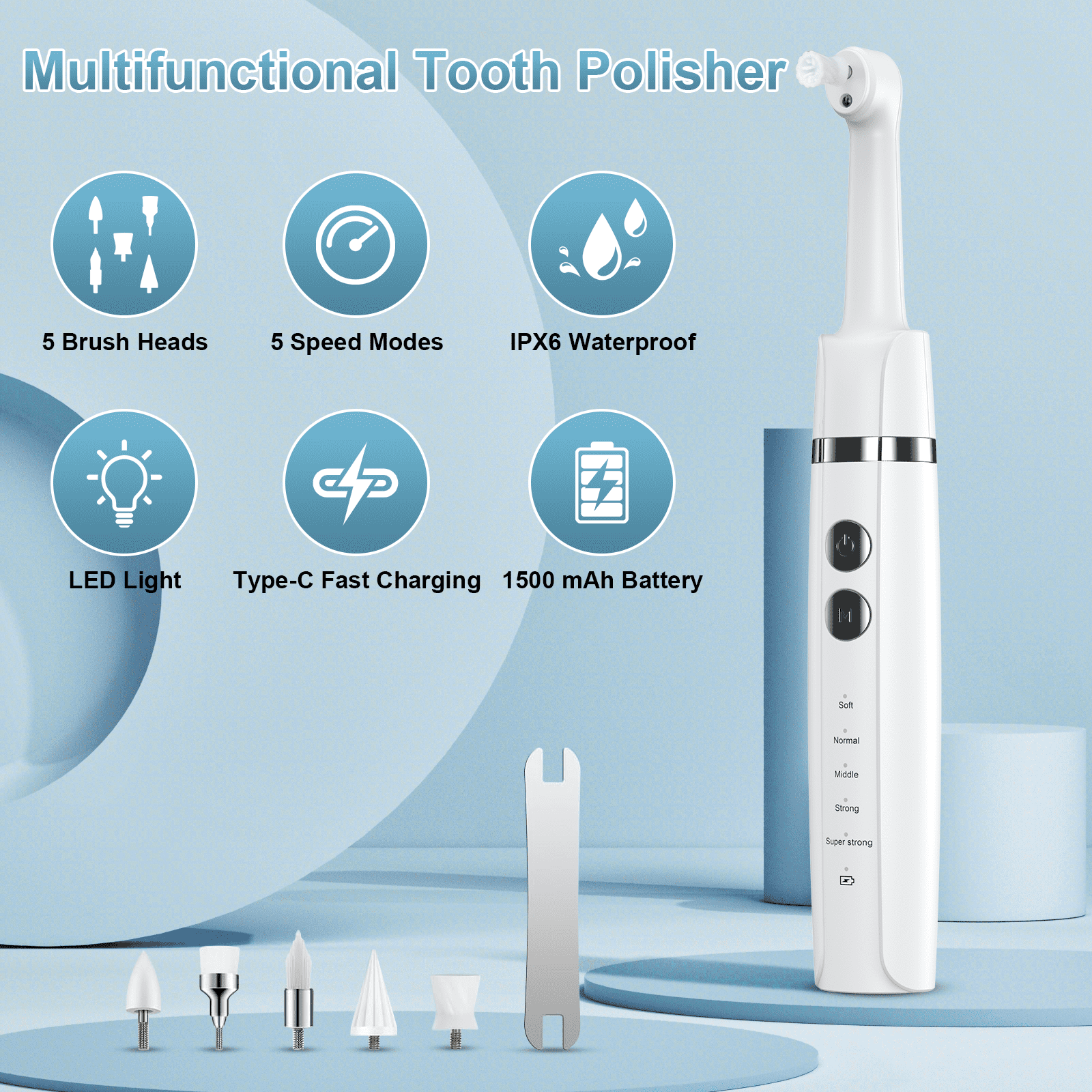 NEXPURE Tooth Polisher, Teeth Whitening Kit with 1500mAh Battery, Plaque Remover for Teeth with 5 Brush Heads & Speeds Modes, Ipx6 Waterproof, White