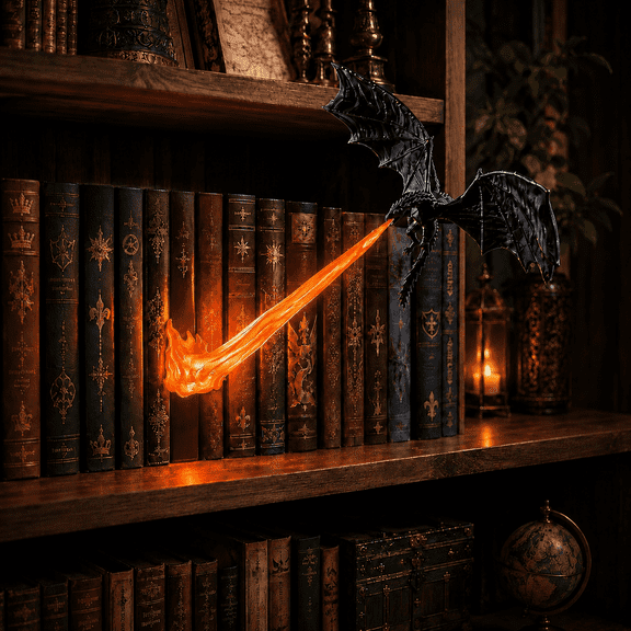 Dragon Bookshelf Nook Light, Flying Dragon Flame Book Nook Decor, Lighted Dragon Sculpture Ornament, Resin Dragon Statue for Bookcase Corner, Fantasy Home Desktop Wall Decor, Creative Holiday Gift #A