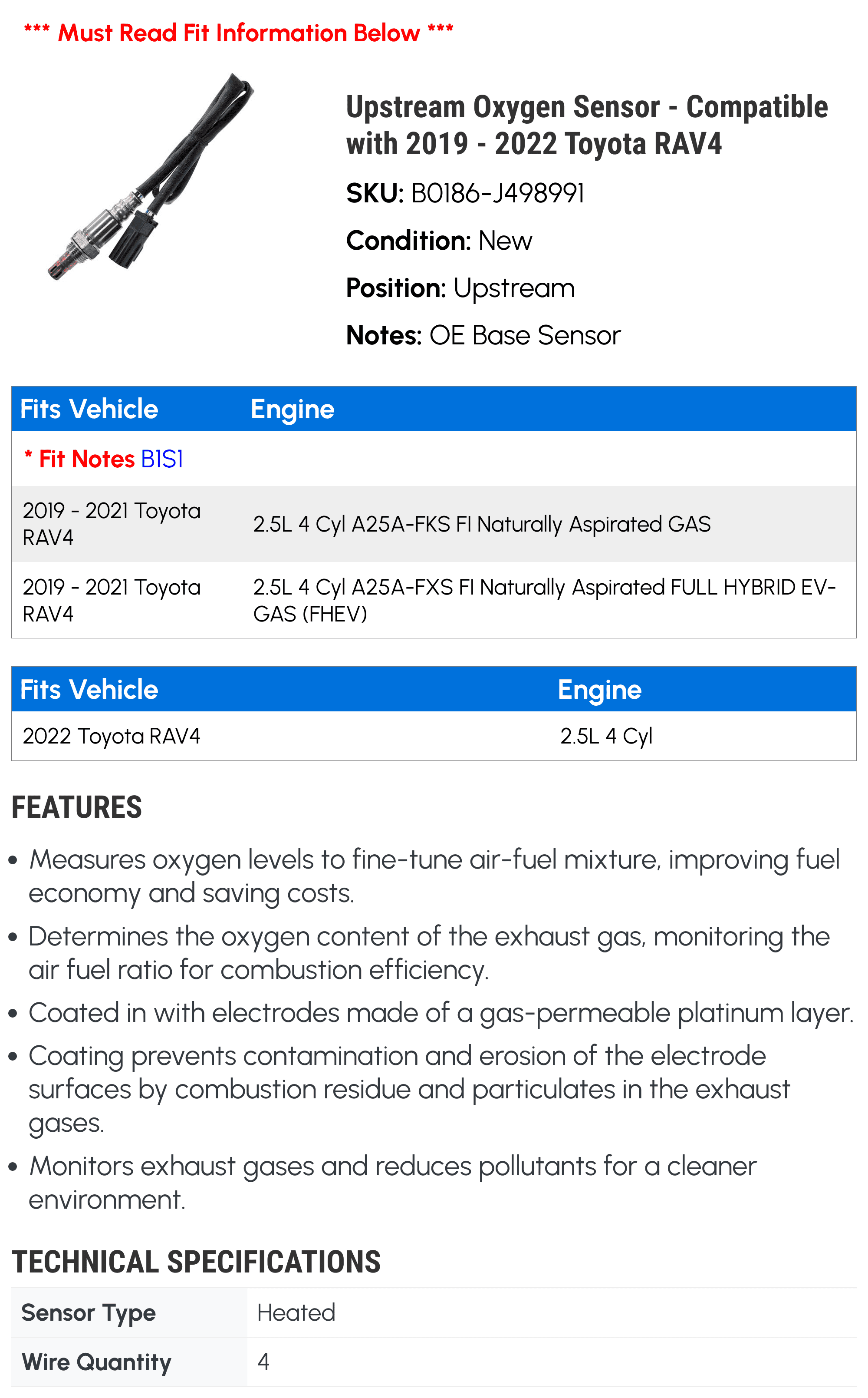 Upstream Oxygen Sensor - Compatible with 2019 - 2022 Toyota RAV4 2020 2021