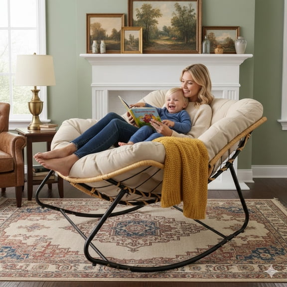 UHOMEPRO Oversized Papasan Rocking Chair, Outdoor Patio Rocking Recliner, Rattan Wicker Lounge Chair with Thick Padded Cushion for Bedroom Porch Garden, Sturdy Metal Frame, 330LBS, Beige