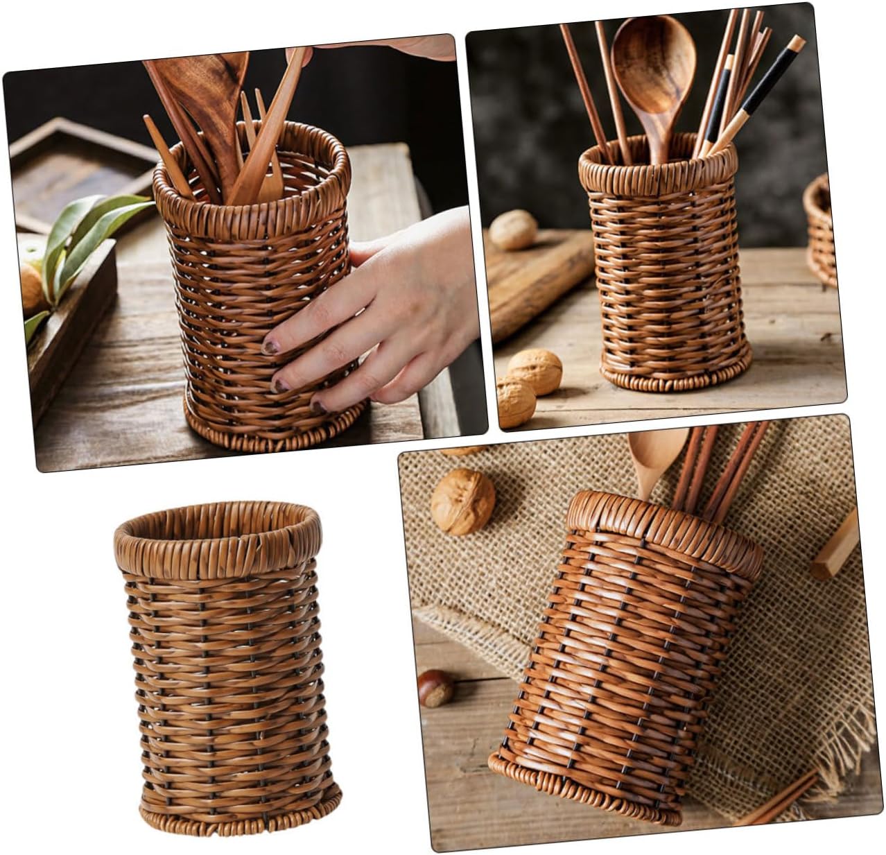 ABCISI Woven Utensil Holder, Countertop Cutlery Organizer Basket for Kitchen, Dining Table, or Workspace Storage, Silverware Drying Basket, Lightweight and Portable, 6.14 X 4.09 X 4.09 Inches, Brown