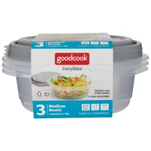 GoodCook EveryWare Round Bowls Food Storage Containers - 5 Cups - 6pcs/3ct - Gray