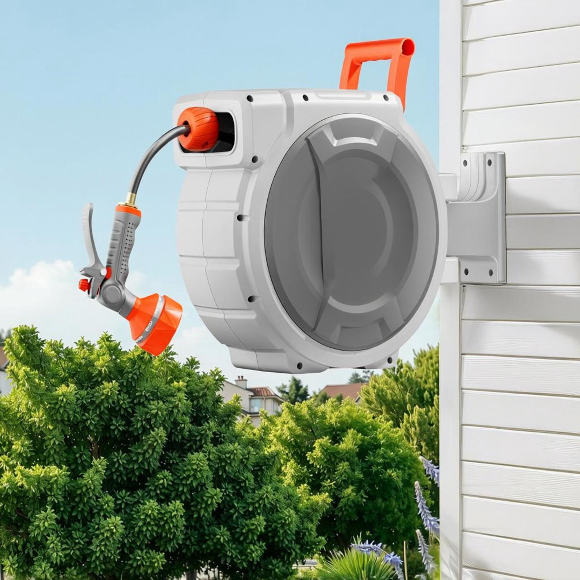 Retractable Garden Hose Reel, 1/2" x 65ft Wall Mount Hose Reel with 9-Pattern Nozzle, Any Length Lock, 180° Swivel Bracket for Yard, Lawn