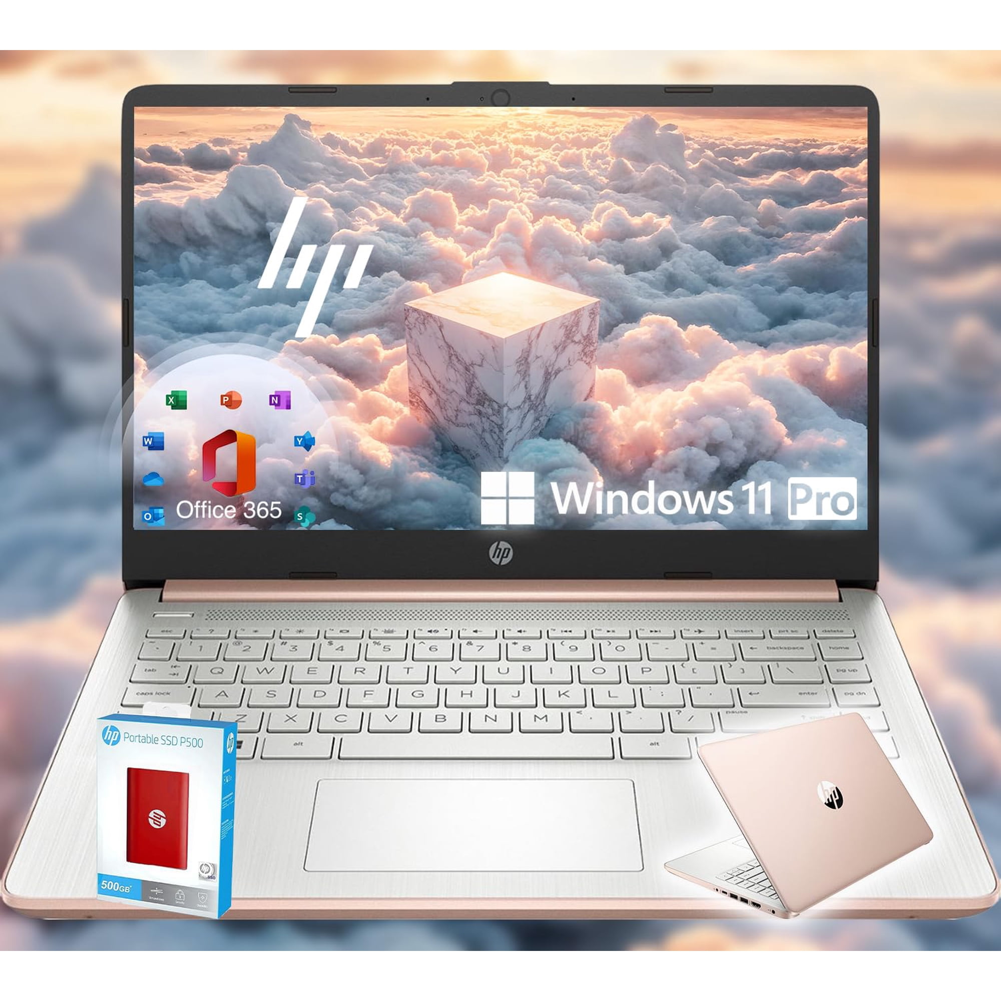 HP 14 Ultrabook • Intel 4-Core CPU • Back to School Limited Edition with Microsoft 365 • 32GB RAM • 1.6TB Storage (128GB OnBoard withHP 512GB P500 Portable SSD + 1TB OneDrive) • Win11 Pro • Rose Gold