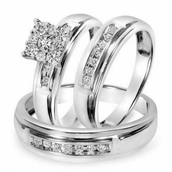TAAPSEE JEWELS Cubic Zirconia Round Cut His & Her Wedding Trio Ring Set 14K White Gold Plated Silver