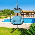 thumbnail image 2 of UHOMEPRO Hanging Wicker Egg Chair with Stand and Cushions, Outdoor Patio Foldable Swing Egg Chair, 350lbs Capacity All-Weather Rattan Hammock Chair for Patio Balcony Porch Garden, Light Blue, 2 of 13