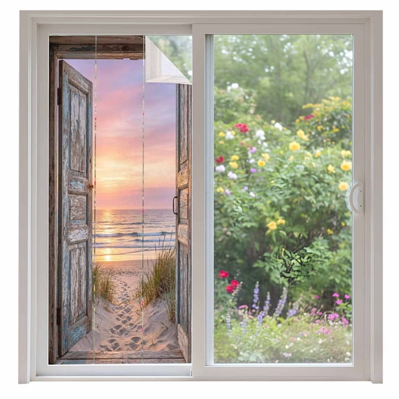 Vintage Door Coastal Window Privacy Film, Sunset Seaside Summer Beach Static Cling UV Sun Blocking Heat Control Window Tint Day and Night, Non-Adhesive One Way Windows Privacy Cover 35.4''x78.7''