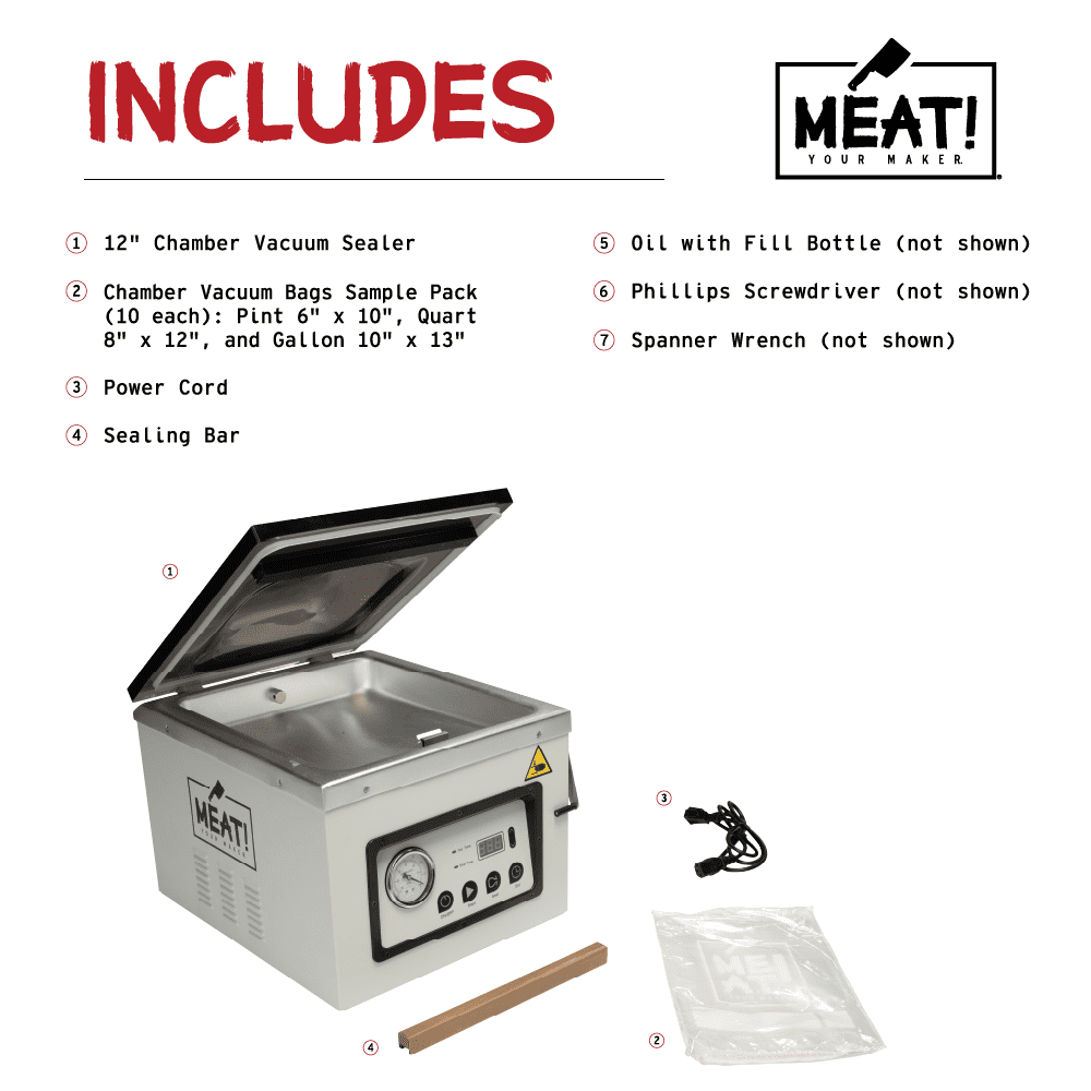 MEAT! Chamber Vacuum Sealer with 12" Sealing Bar, Adjustable Seal Time, Vacuum Gauge, and Vacuum Bag Sampler Pack for Preserving Meat and Vegetables