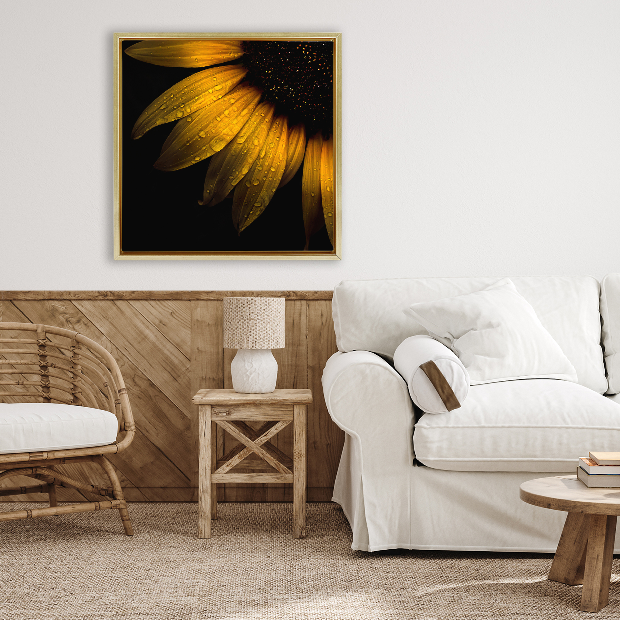 Sunflower Detail with Droplets Gold Framed Floater Canvas Wall Art, design by Brian Carson Photography