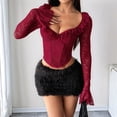thumbnail image 6 of Women Mesh Top Lace Crop Top Long Sleeve Sheer Blouse Y2K Mesh Shirts Going Out Tops Club Outfits Wine Red L, 6 of 10