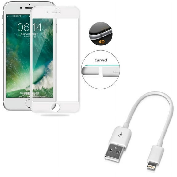 iPhone 7/8 PLUS Screen Protector w Short USB Cable - Tempered Glass 4D Touch Curved Edge Full Cover, Charger Cord Power Wire for iPhone 8 PLUS/7 Plus