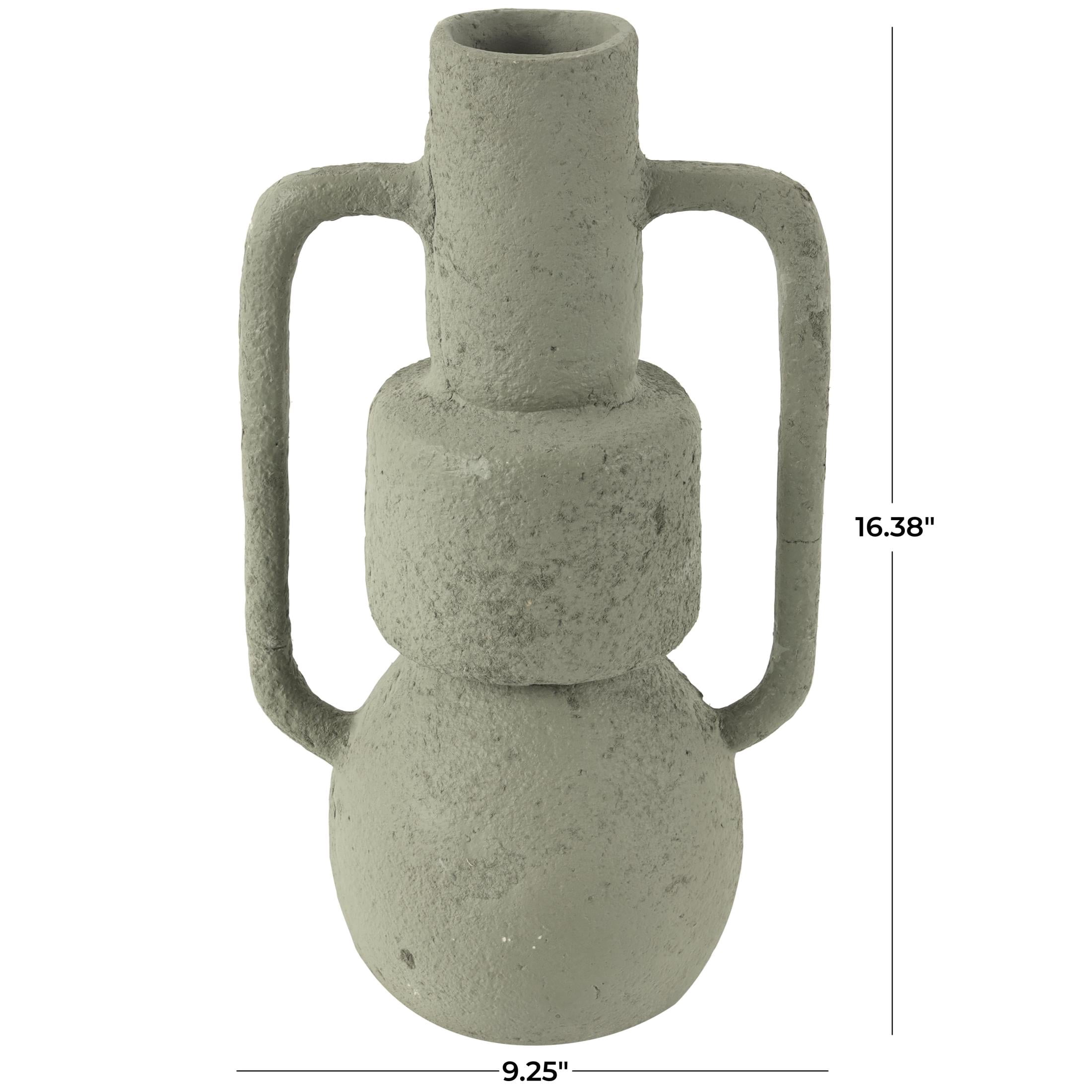 DecMode 16" Abstract Textured Light Gray Paper Mache Vase with Squared Handles