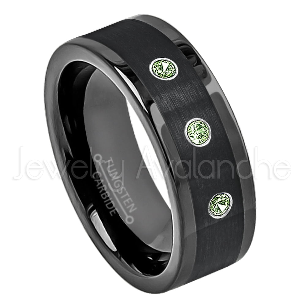 8mm Black Pipe Cut Tungsten Ring 0.21ctw Green Tourmaline 3stone