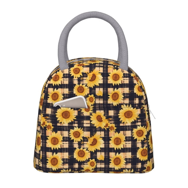 Balery Vintage Black White Plaid Sunflowe Bolsa de Almuerzo para Mujeres, Caja de Almuerzo, Bolsa de Almuerzo Pequeña Impermeable, Tote de Almuerzo Reutilizable con Gran Capacidad