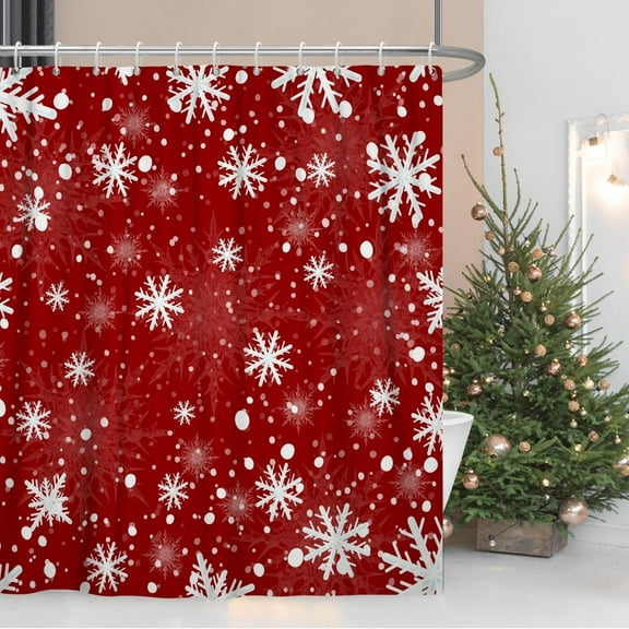 Snowflakes Shower Curtain for Bathroom Christmas Decor Shower Curtain Set with Hooks 84x72inches Red White Snow Flowers X-mas Waterproof Fabric Shower Curtains