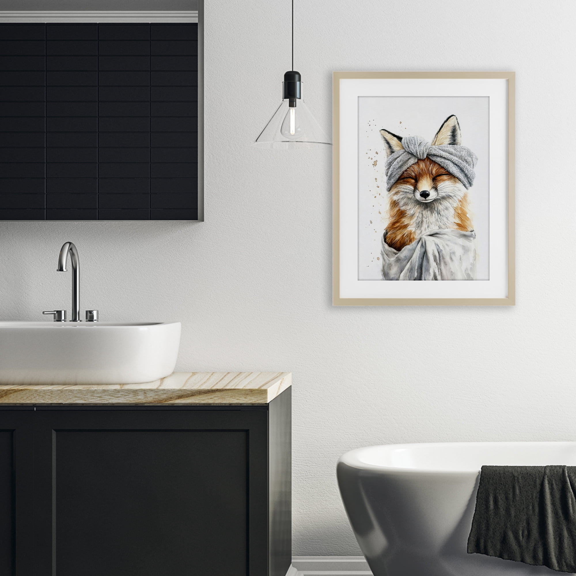Stupell Industries Bathroom Fox Wrapped in Towel Birch Framed Print Under Glass, design by Tina LeCour