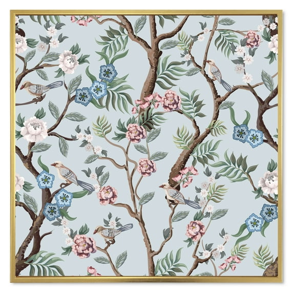 Designart 'Birds and Peonies With Chinoiserie X' Traditional Framed Canvas Wall Art Print