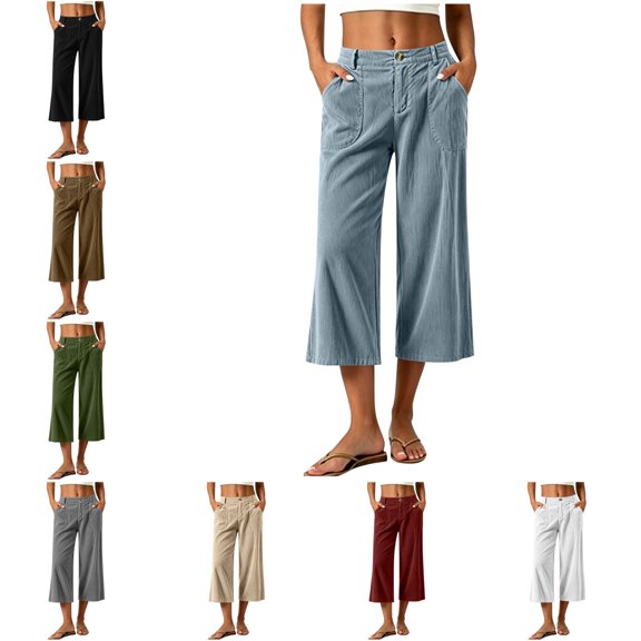 Levmjia Women High Waisted Corduroy Capris Loose Fit Wide Leg Pants Casual Solid Color Button Zipper Closure Elastic Waist with Pockets Comfy Trousers