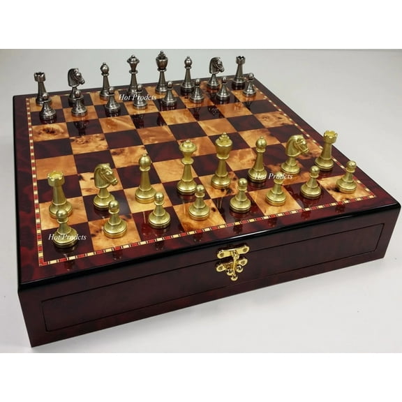 Italfama Brass Metal FLORAL Staunton Chess Men Set W/ Cherry Color Storage Board