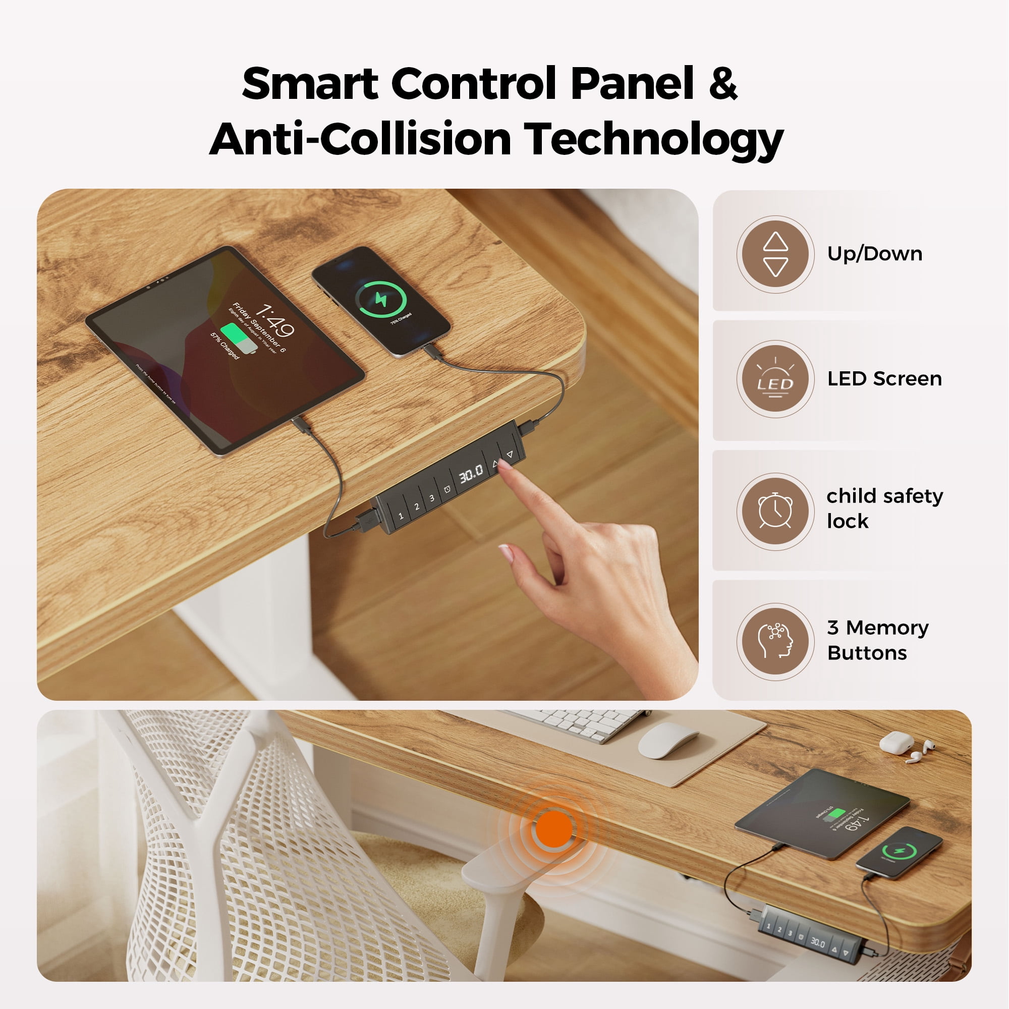 55.1 Inch Dual Motor Electric Adjustable Standing Desk, Computer Desk with Memory Controller, Home Office Desk with Seamless tabletop,265 lbs Weight Capacity,Light Rustic Brown(Two packages)