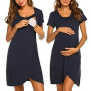 Aqestyerly Woman Solid Short Sleeve Breast-Feeding Pregnant Maternity Nursing Dress