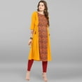 thumbnail image 3 of Janasya Indian Round Neck 3/4 Sleeve Floral Print Mustard Poly Crepe Kurta For Women, 3 of 8
