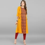 Janasya Indian Round Neck 3/4 Sleeve Floral Print Mustard Poly Crepe Kurta For Women
