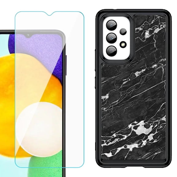 Shockproof Bumper (Black Frame) phone Case for Samsung Galaxy A23 5G, with Tempered Glass Screen Protector, by OneToughShield ® - Marble B/W