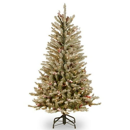 National Tree Pre-Lit 4 1/2 ' Dunhill Fir Slim Hinged Artificial Christmas Tree with Snow, Red Berries, Cones and 350 Clear