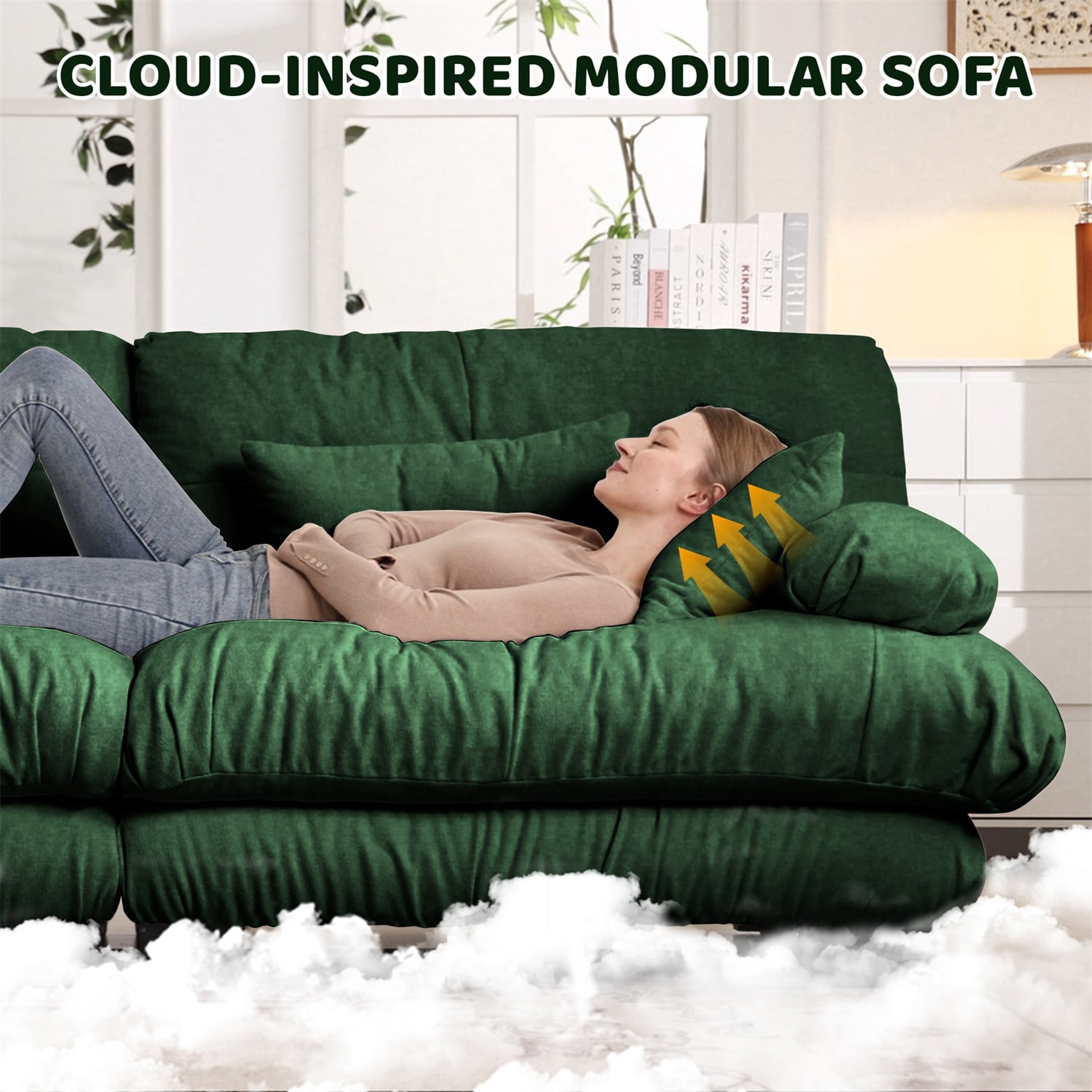 Hommoo Chenille Fabric Cloud Couch Loveseat with 2 Lumbar Pillows and 2 Throw Pillows, 2 Seater Sectional Sofa Couches for Living Room Apartment, Green