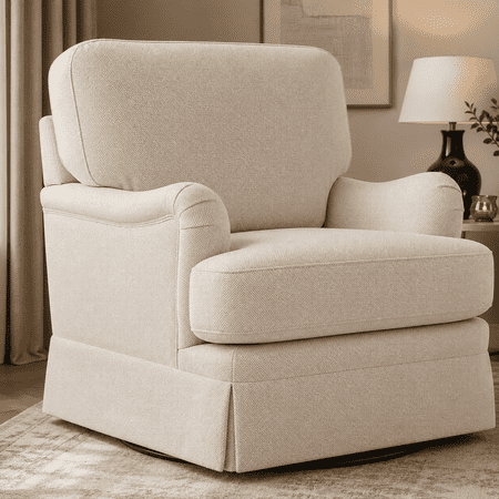 Carolayne 360°Swivel Armchair, Upholstered Chenille Accent Chair with Skirted Base for Living Room, Cozy Small Spaces Sofa Chair Bedroom Seat, Linen Beige Color