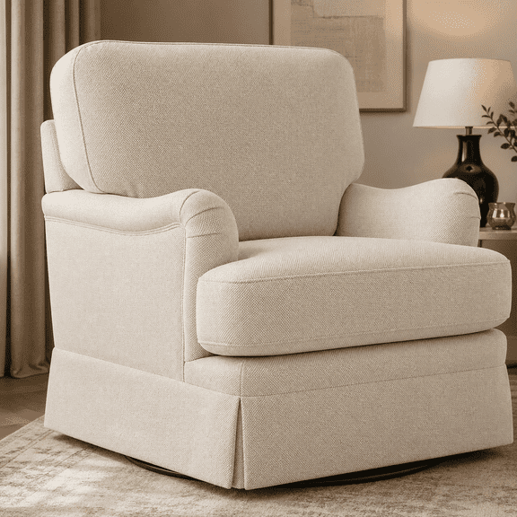 Carolayne 360°Swivel Armchair, Upholstered Chenille Accent Chair with Skirted Base for Living Room, Cozy Small Spaces Sofa Chair Bedroom Seat, Linen Beige Color