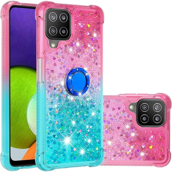 for Samsung Galaxy A22 4G (NOT 5G) Case w/Ring Holder,Samsung Galaxy M32 Clear Gradient Quicksand Glitter Flowing Liquid Floating Phone Case TPU Cover for Samsung Galaxy A22 4G JB Powder Blue